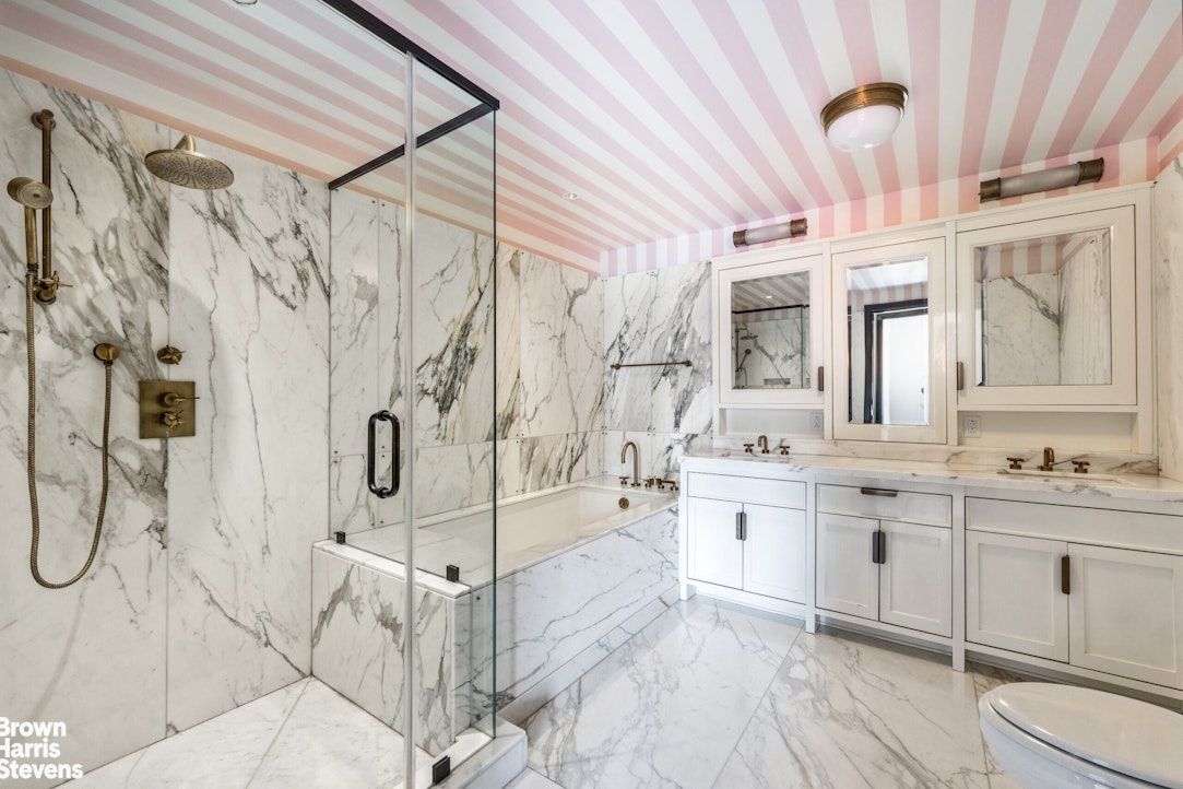 Bathroom, Dual Sink Vanities, Glass Shower, Interior, Marble, Marble Walls