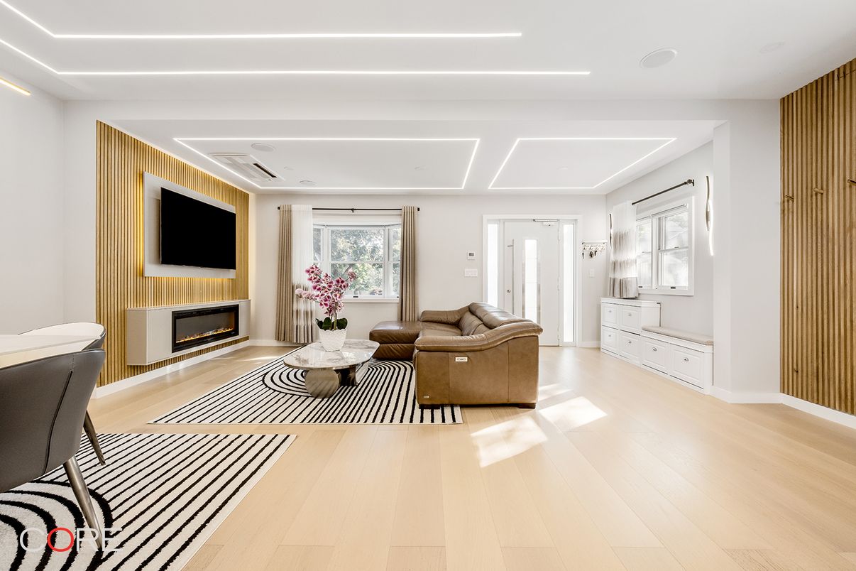 Fireplace, Interior, Living room, Recessed Lighting, Wood Texture Flooring