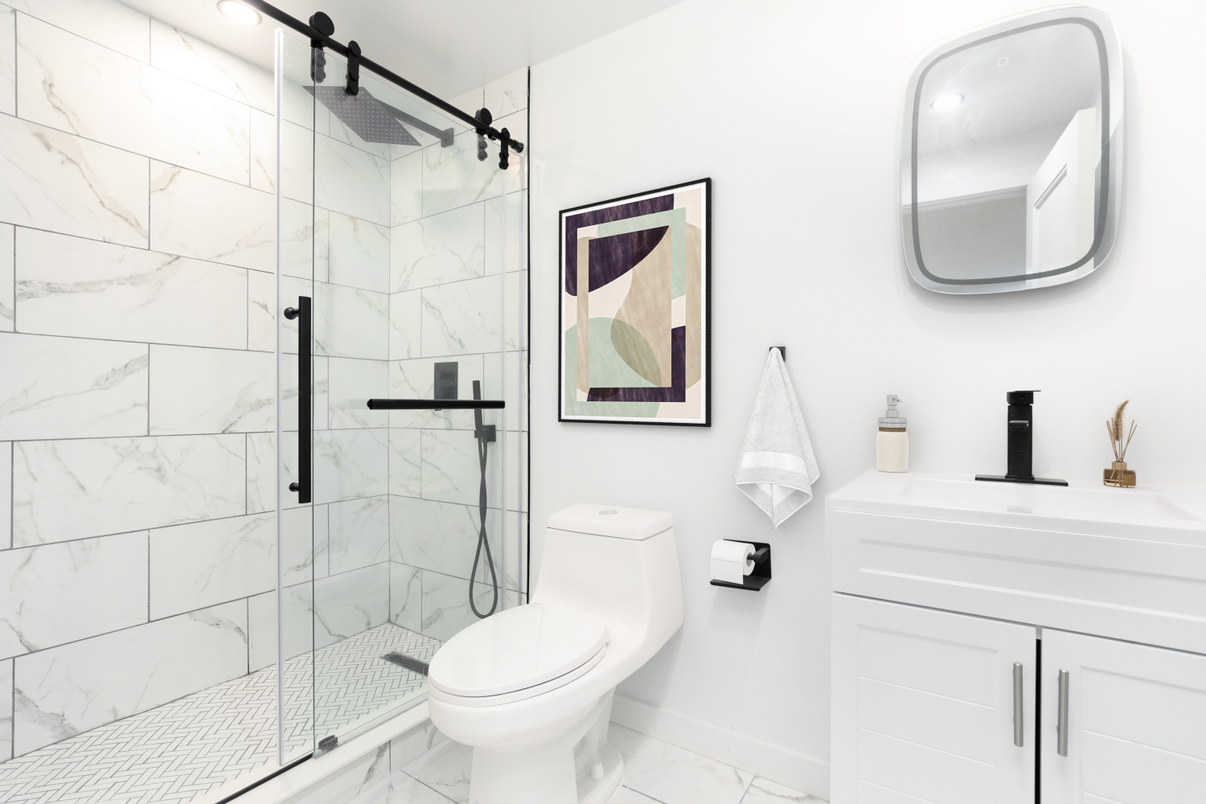 Bathroom, Glass Shower, Interior, Marble, Marble Walls, Recessed Lighting