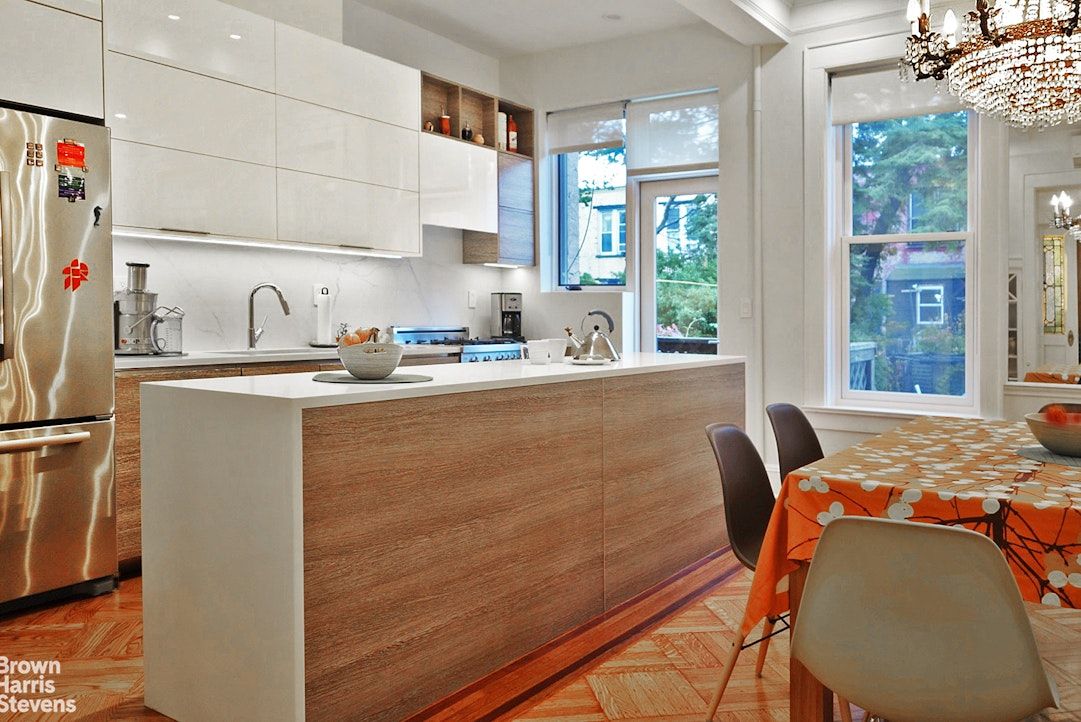 Chandelier, Interior, Kitchen, Recessed Lighting, Stainless Steel Appliances, Wood Texture Flooring