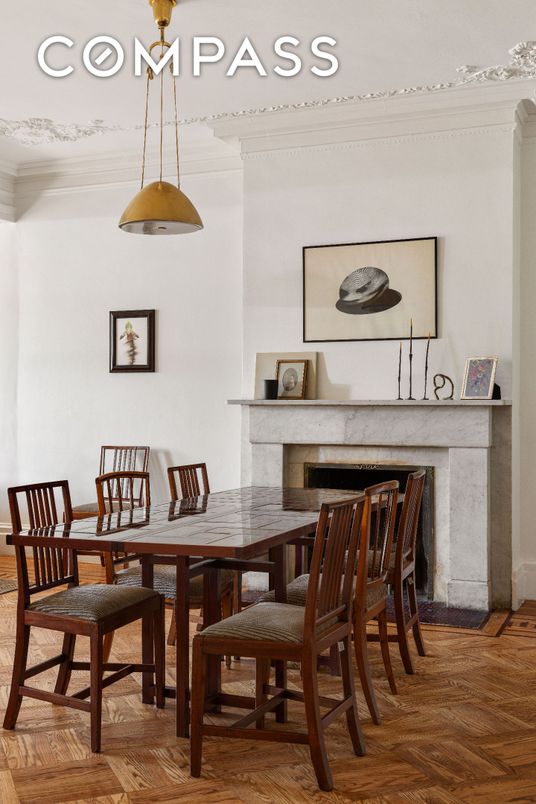Dining room, Fireplace, Interior, Pendant Lights, Recessed Lighting, Wood Texture Flooring