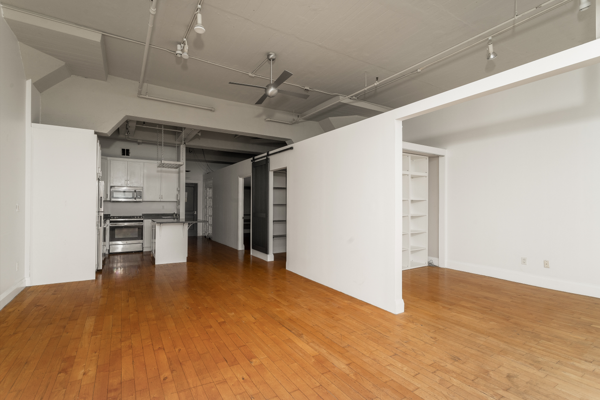 Empty room, Interior, Kitchen, Stainless Steel Appliances, Wood Texture Flooring