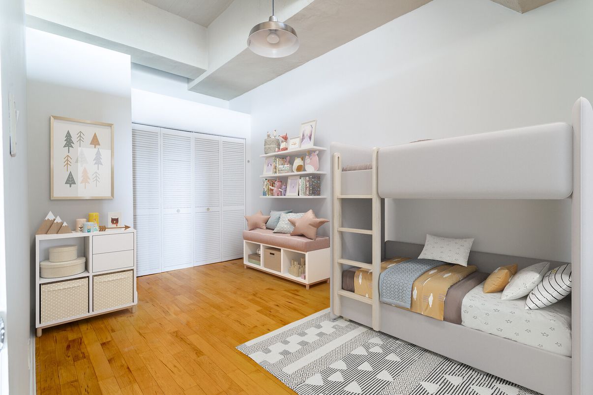 Bedroom, Interior, Pendant Lights, Wood Texture Flooring