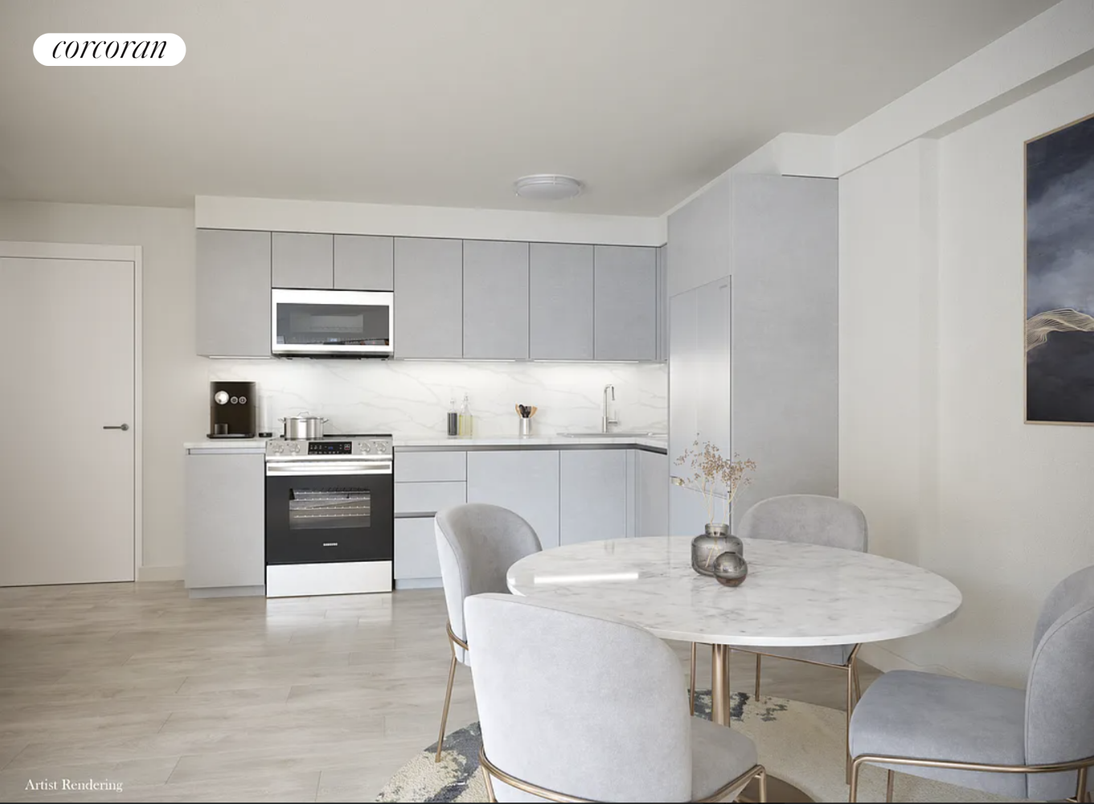Dining room, Interior, Kitchen, Stainless Steel Appliances, Wood Texture Flooring