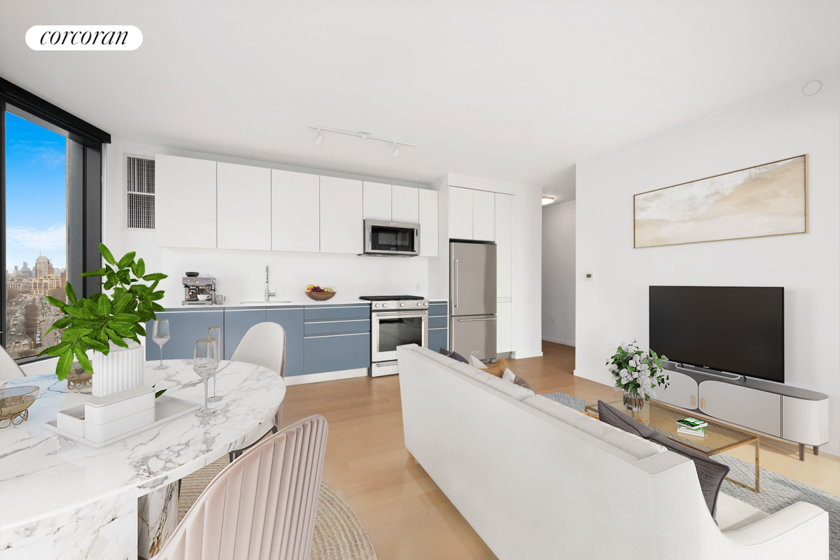 Dining room, Interior, Kitchen, Living room, Stainless Steel Appliances, Wood Texture Flooring