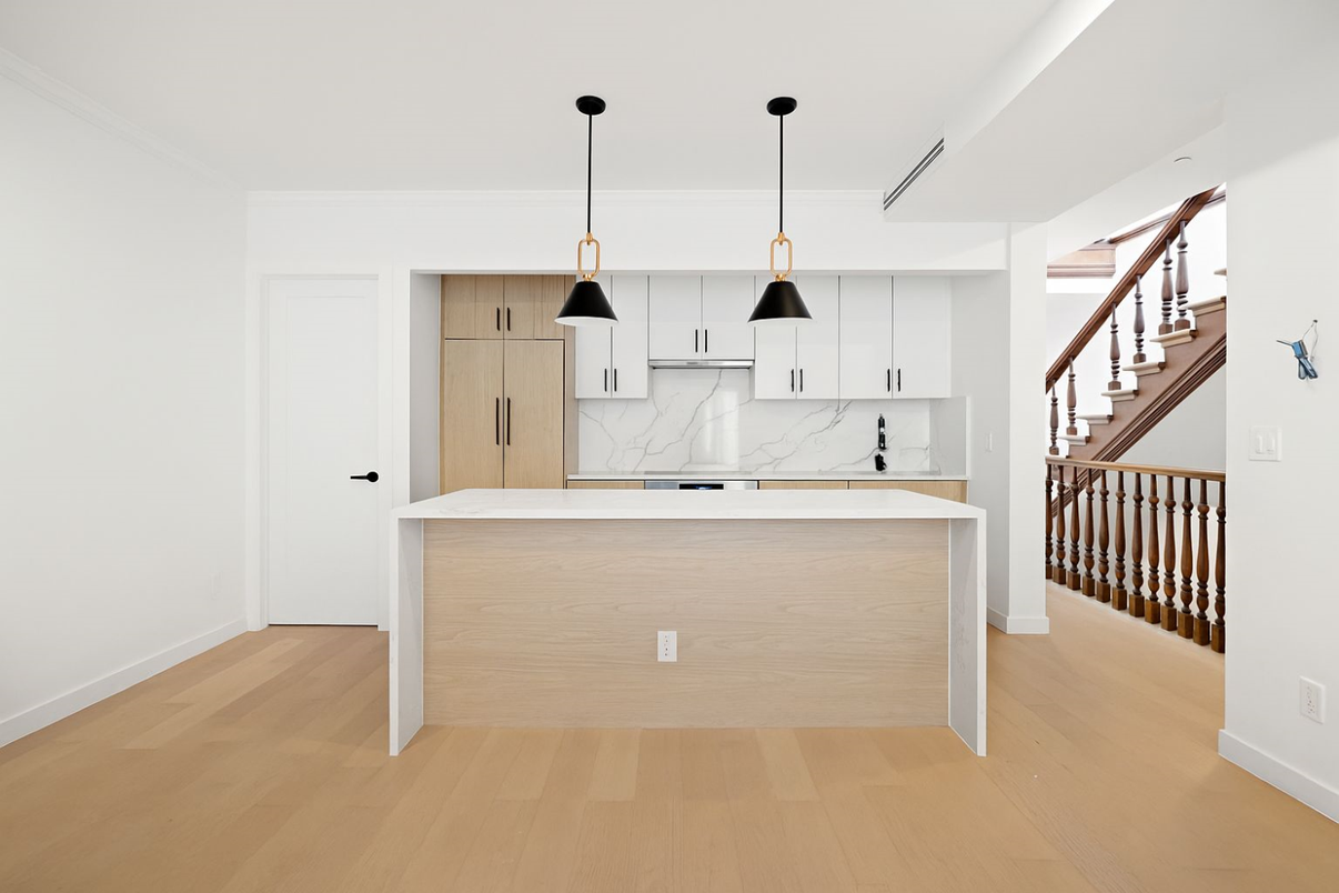 Interior, Kitchen, Marble Walls, Pendant Lights, Wood Texture Flooring