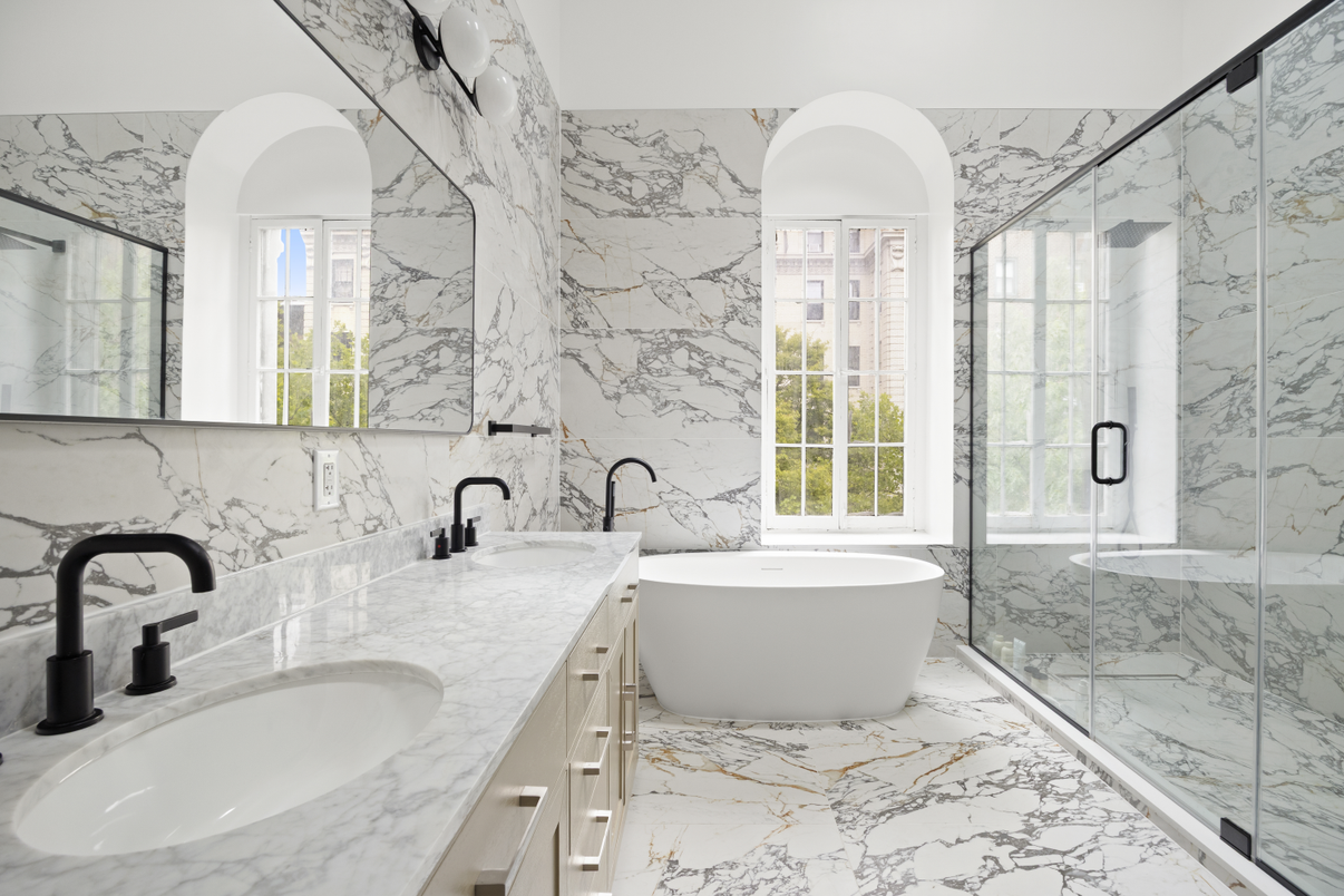 Bathroom, Dual Sink Vanities, Free Standing Baths, Glass Shower, Interior, Marble, Marble Walls