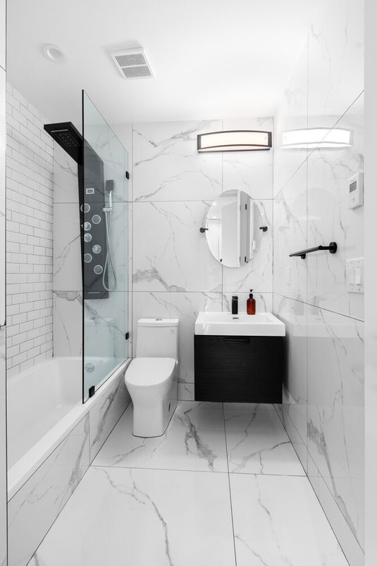 Bathroom, Glass Shower, Interior, Marble, Marble Walls, Recessed Lighting