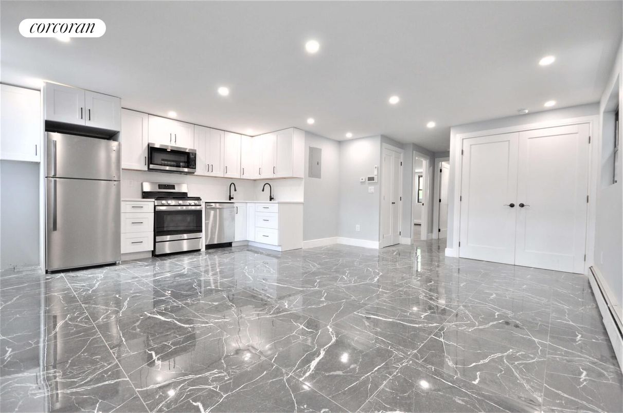 Interior, Kitchen, Marble, Recessed Lighting, Stainless Steel Appliances