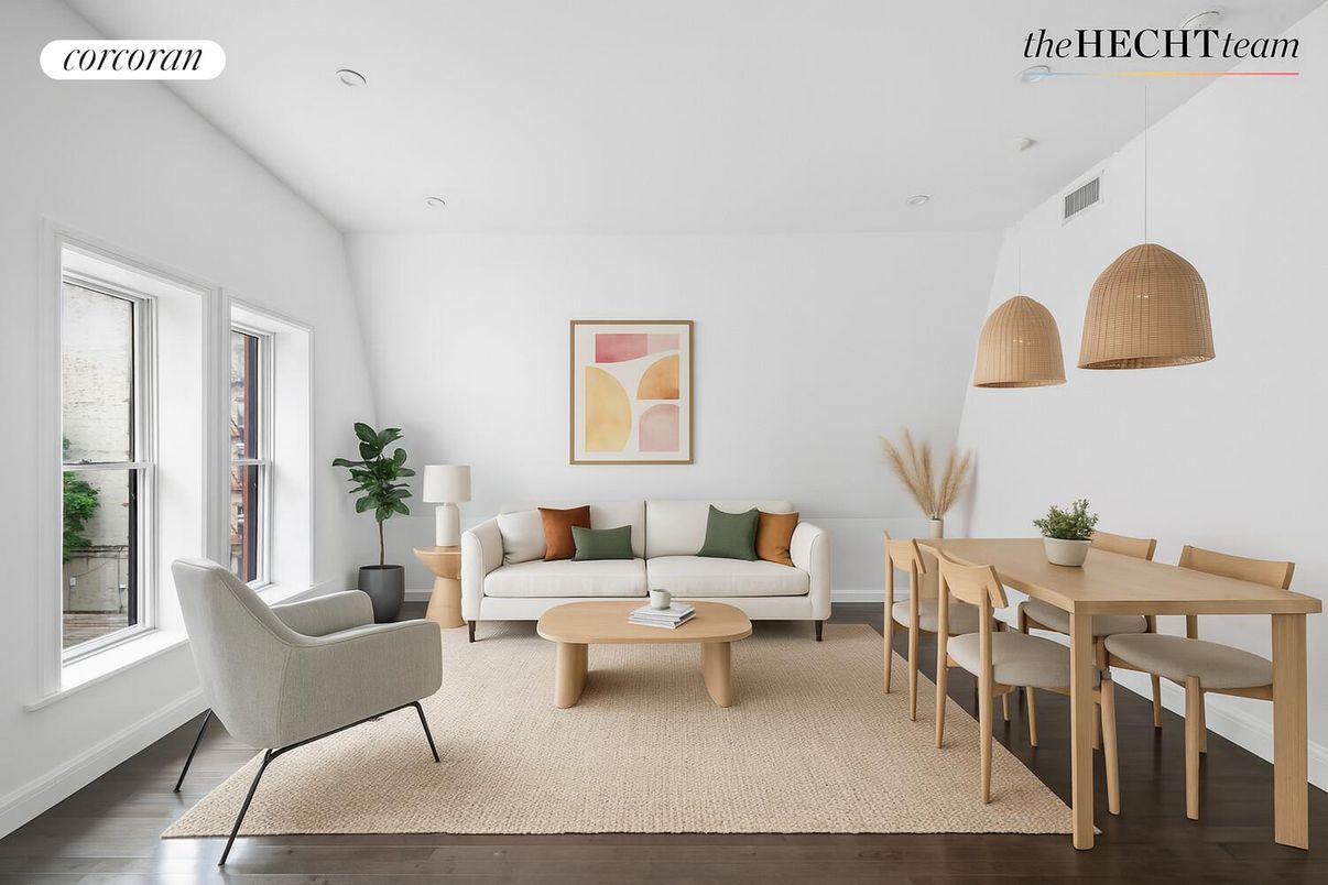 Dining room, Interior, Living room, Pendant Lights, Recessed Lighting, Wood Texture Flooring