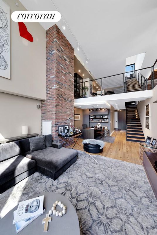 Fireplace, Interior, Living room, Recessed Lighting, Stone Walls, Wood Texture Flooring