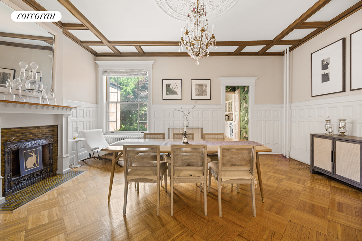 Chandelier, Dining room, Fireplace, Interior, Wood Texture Flooring