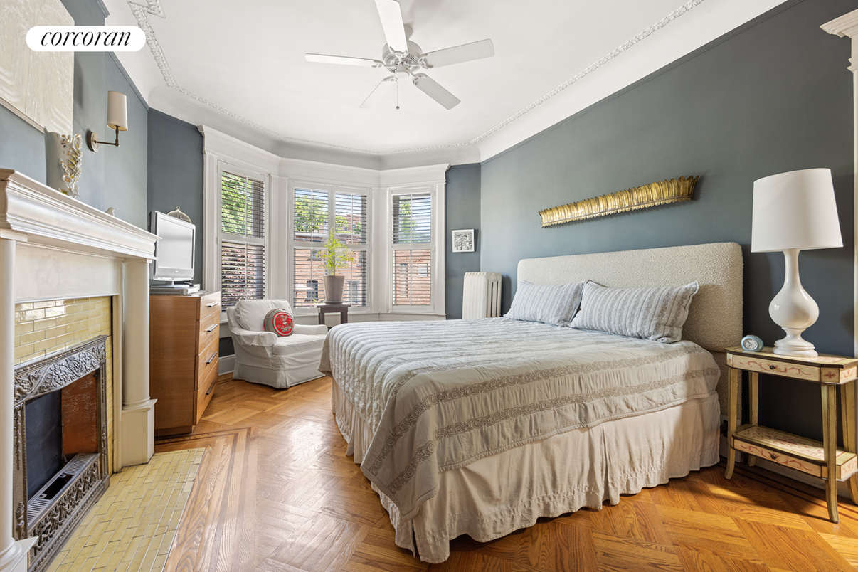 Bedroom, Fireplace, Interior, Wood Texture Flooring