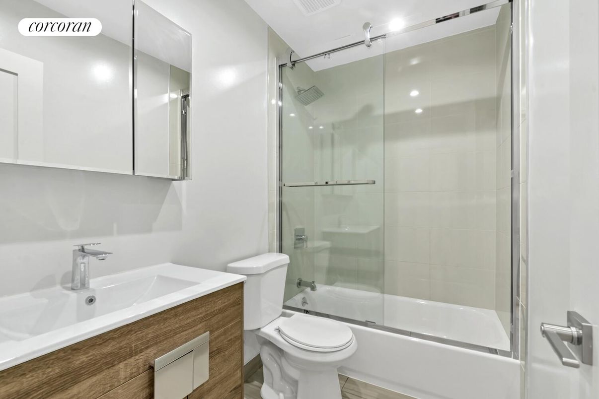 Bathroom, Glass Shower, Interior, Recessed Lighting, Wood Texture Flooring