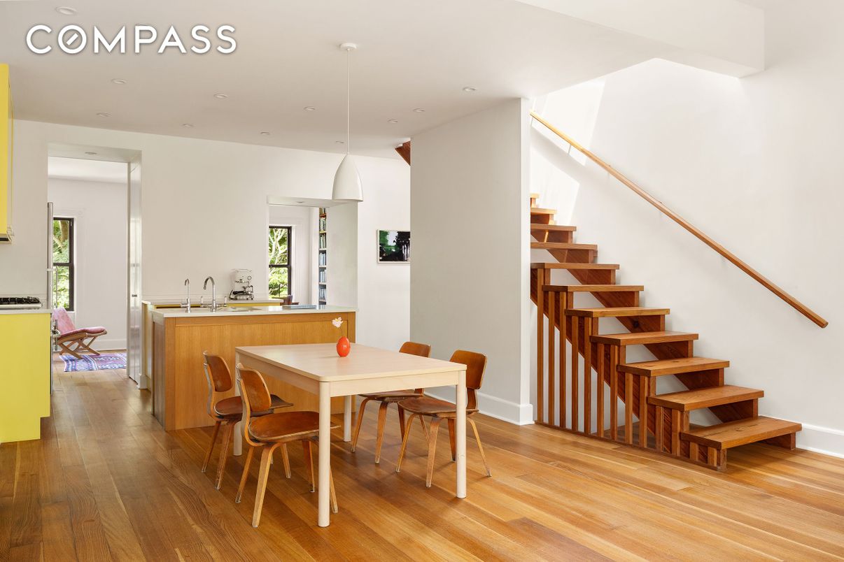 Dining room, Interior, Pendant Lights, Recessed Lighting, Wood Texture Flooring