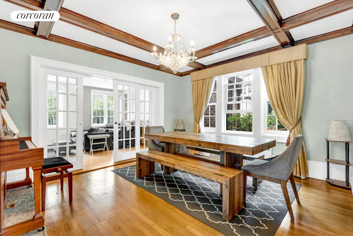 Chandelier, Dining room, Interior, Piano, Wooden Beams, Wood Texture Flooring