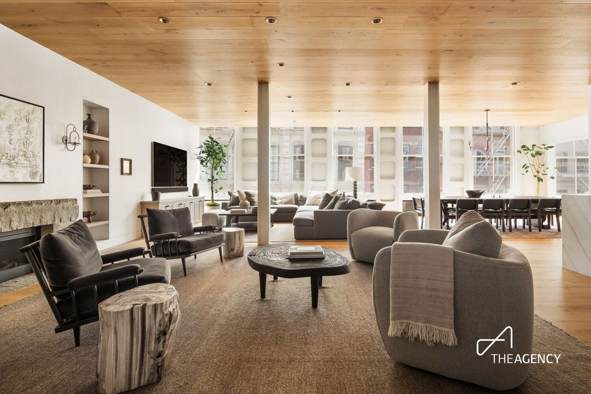 Dining room, Fireplace, Interior, Living room, Recessed Lighting, Wooden Ceilings, Wood Texture Flooring