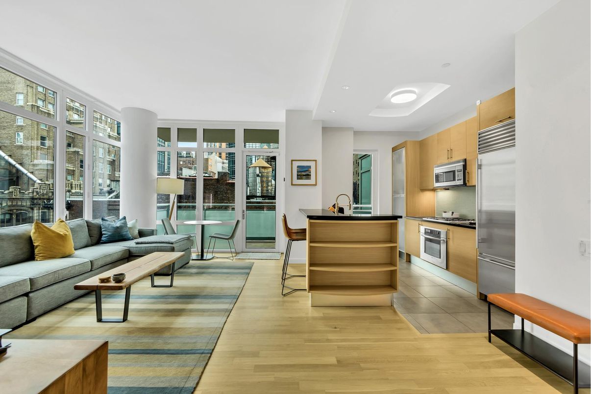 Interior, Kitchen, Living room, Recessed Lighting, Stainless Steel Appliances, Wood Texture Flooring