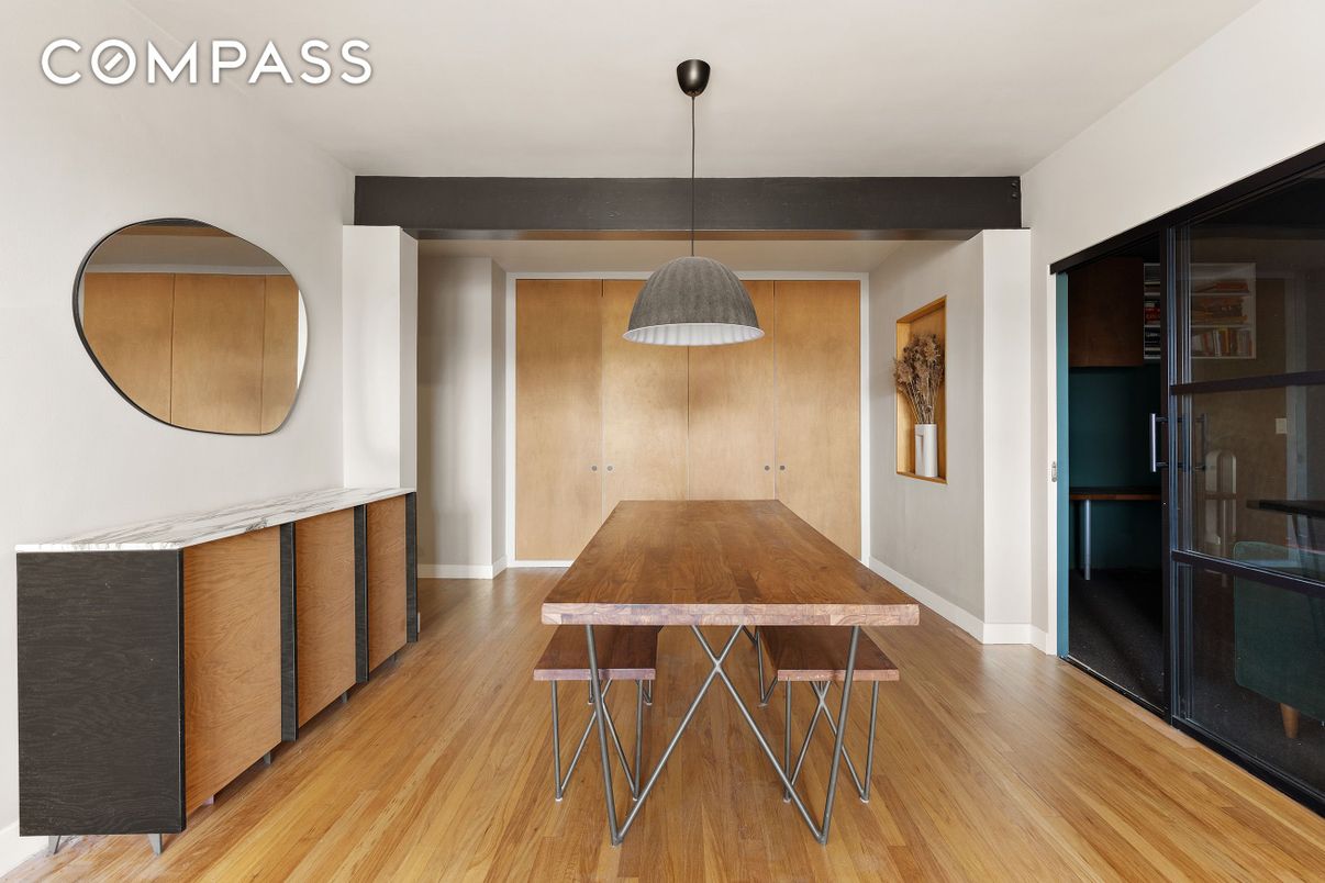 Dining room, Interior, Pendant Lights, Wood Texture Flooring