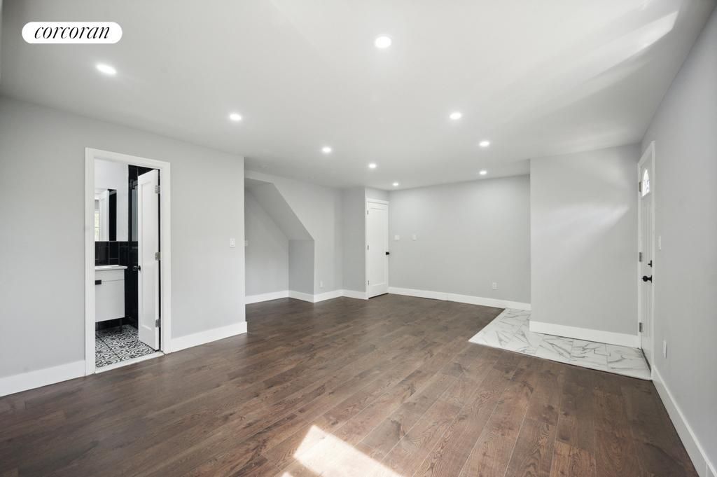 Bathroom, Empty room, Interior, Marble, Recessed Lighting, Wood Texture Flooring