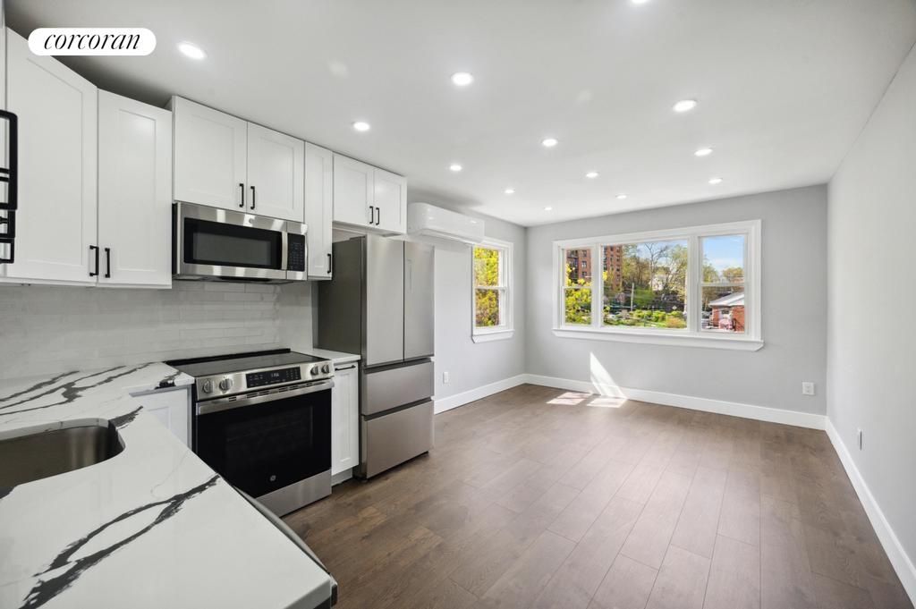 Interior, Kitchen, Recessed Lighting, Stainless Steel Appliances, Wood Texture Flooring