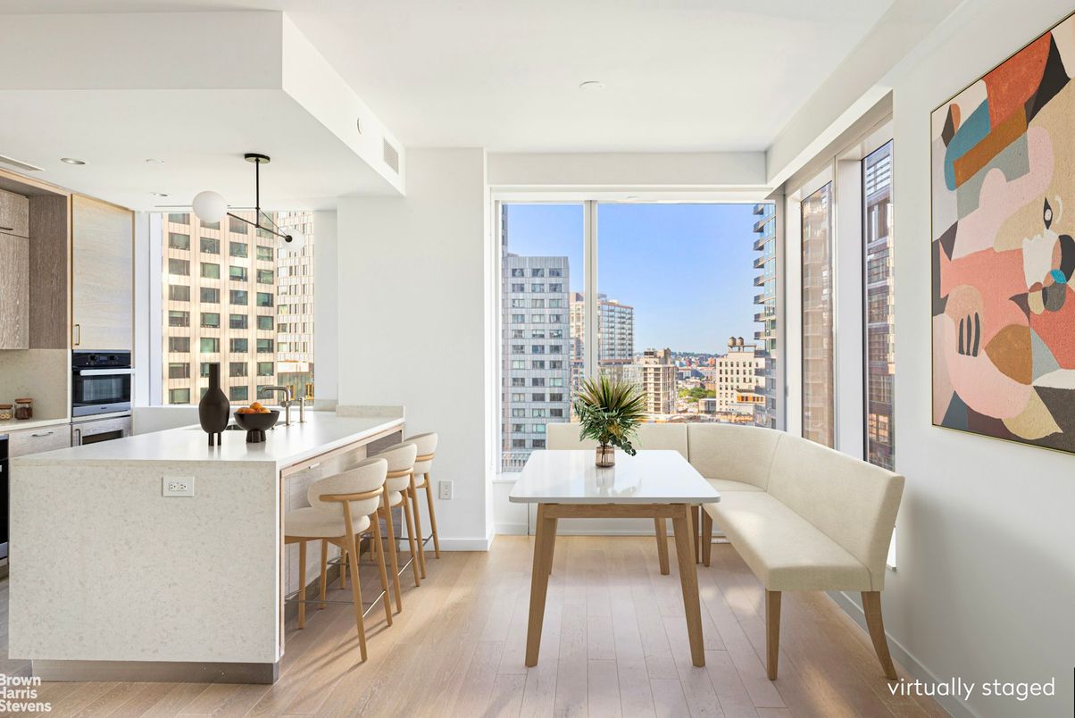 Dining room, Interior, Kitchen, Pendant Lights, Recessed Lighting, Wood Texture Flooring
