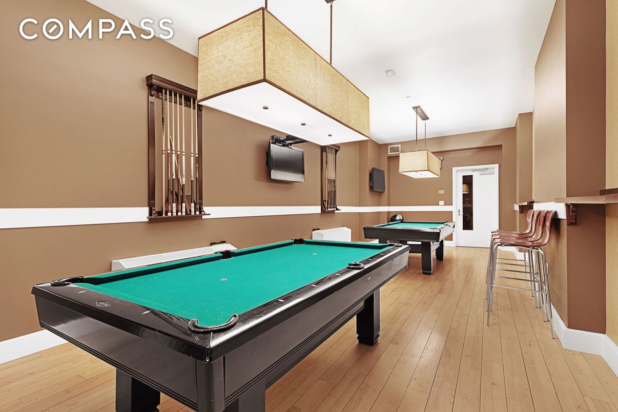 Billiard Table, Game Room, Interior, Pendant Lights, Wood Texture Flooring