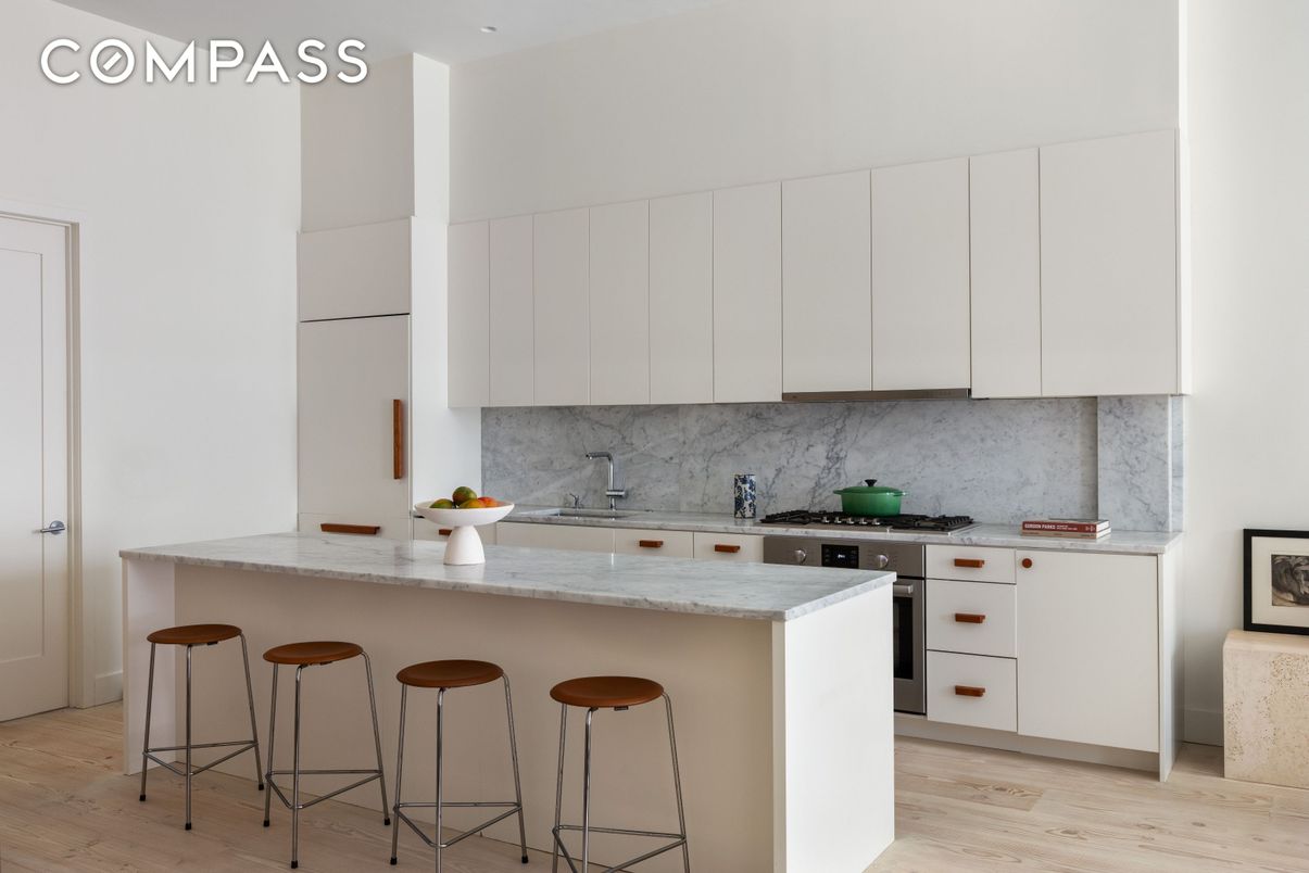 Interior, Kitchen, Marble Walls, Stainless Steel Appliances, Wood Texture Flooring