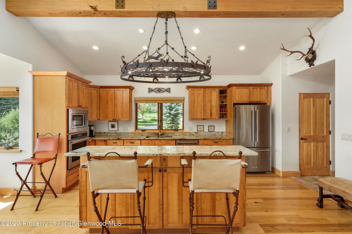Chandelier, Interior, Kitchen, Recessed Lighting, Stainless Steel Appliances, Wooden Beams, Wood Texture Flooring