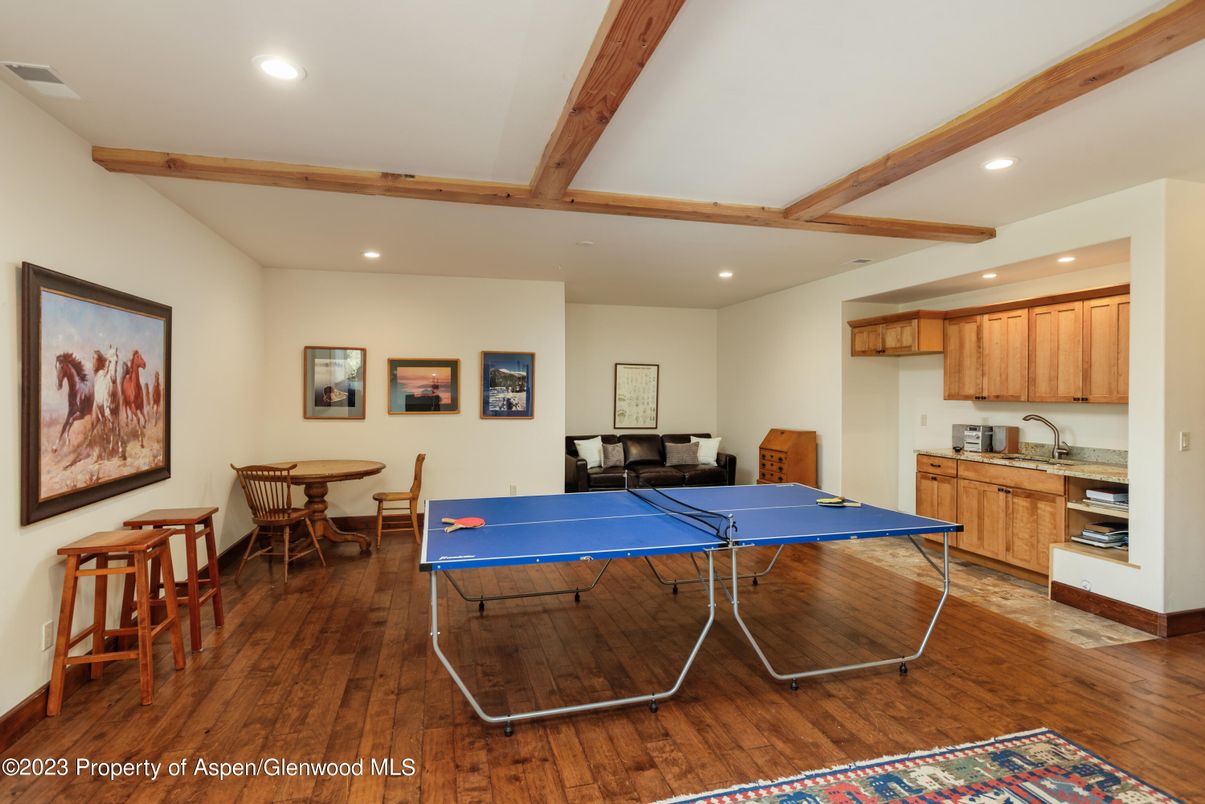 Game Room, Interior, Recessed Lighting, Wooden Beams, Wood Texture Flooring