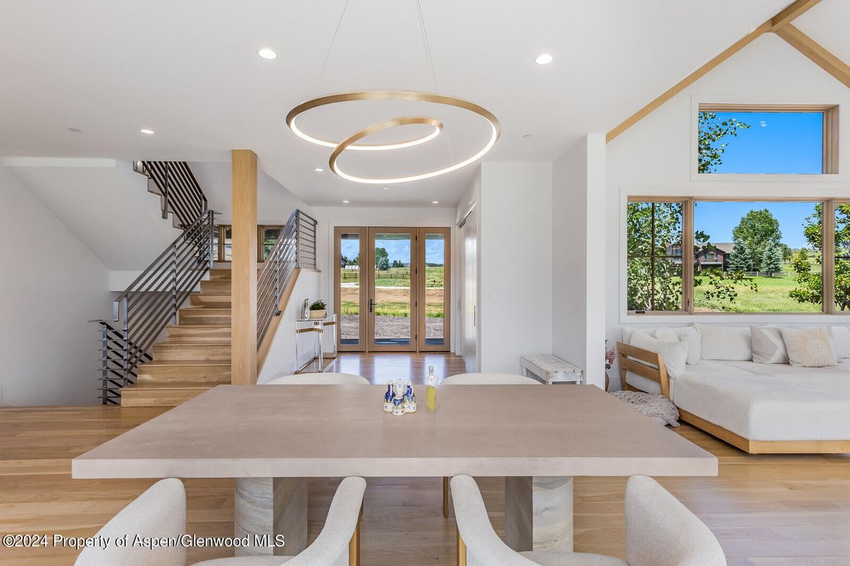 Dining room, Interior, Living room, Pendant Lights, Recessed Lighting, Wood Texture Flooring