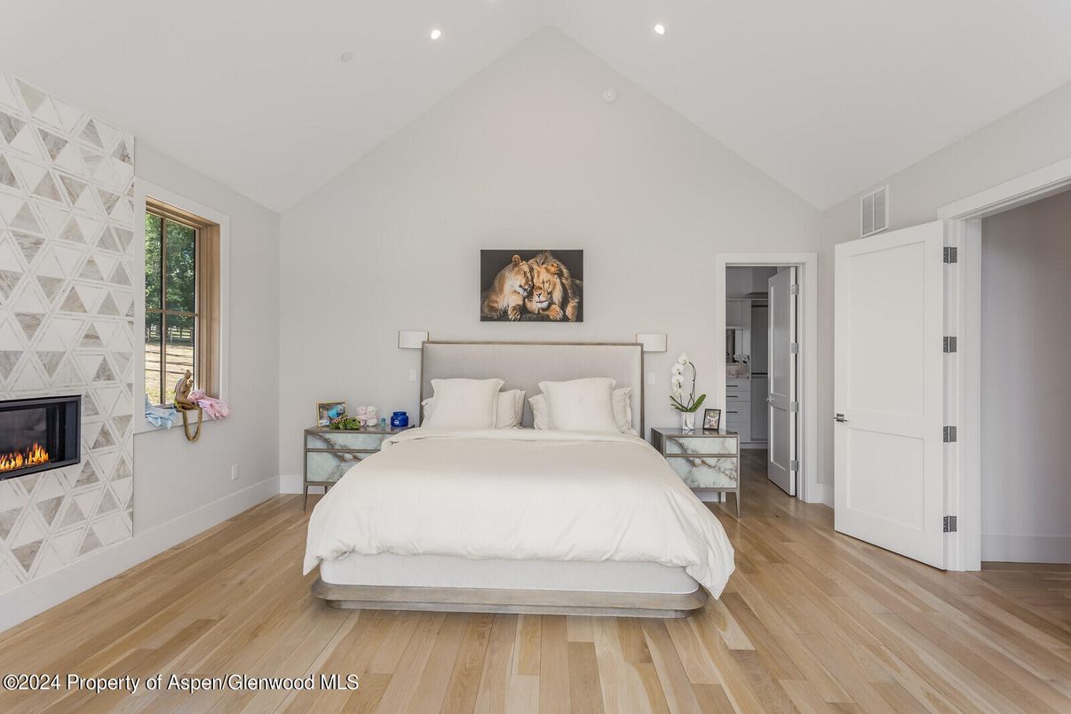 Bedroom, Fireplace, Interior, Recessed Lighting, Wood Texture Flooring