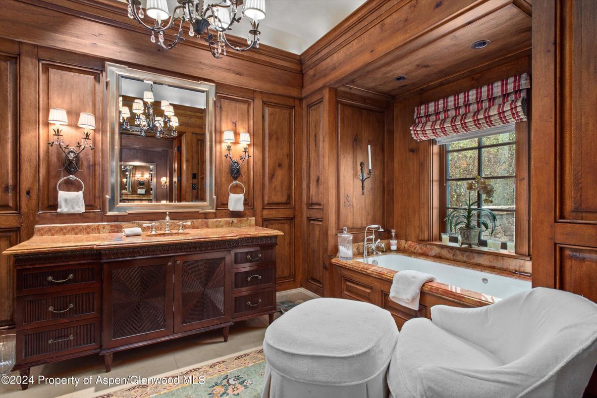 Bathroom, Chandelier, Interior, Recessed Lighting, Wooden Ceilings, Wood Texture Flooring, Wooden Walls