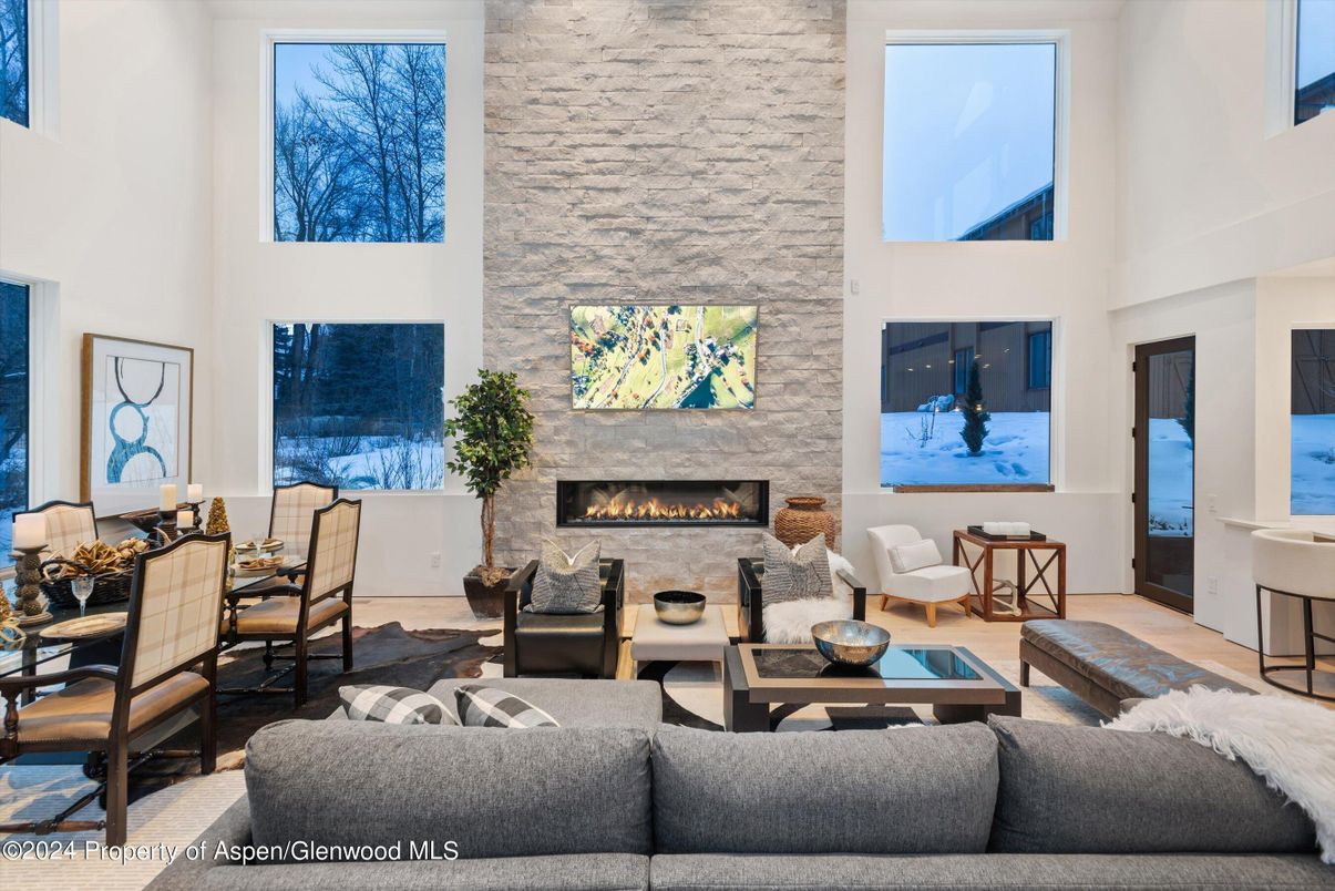 Dining room, Fireplace, Interior, Living room, Stone Walls