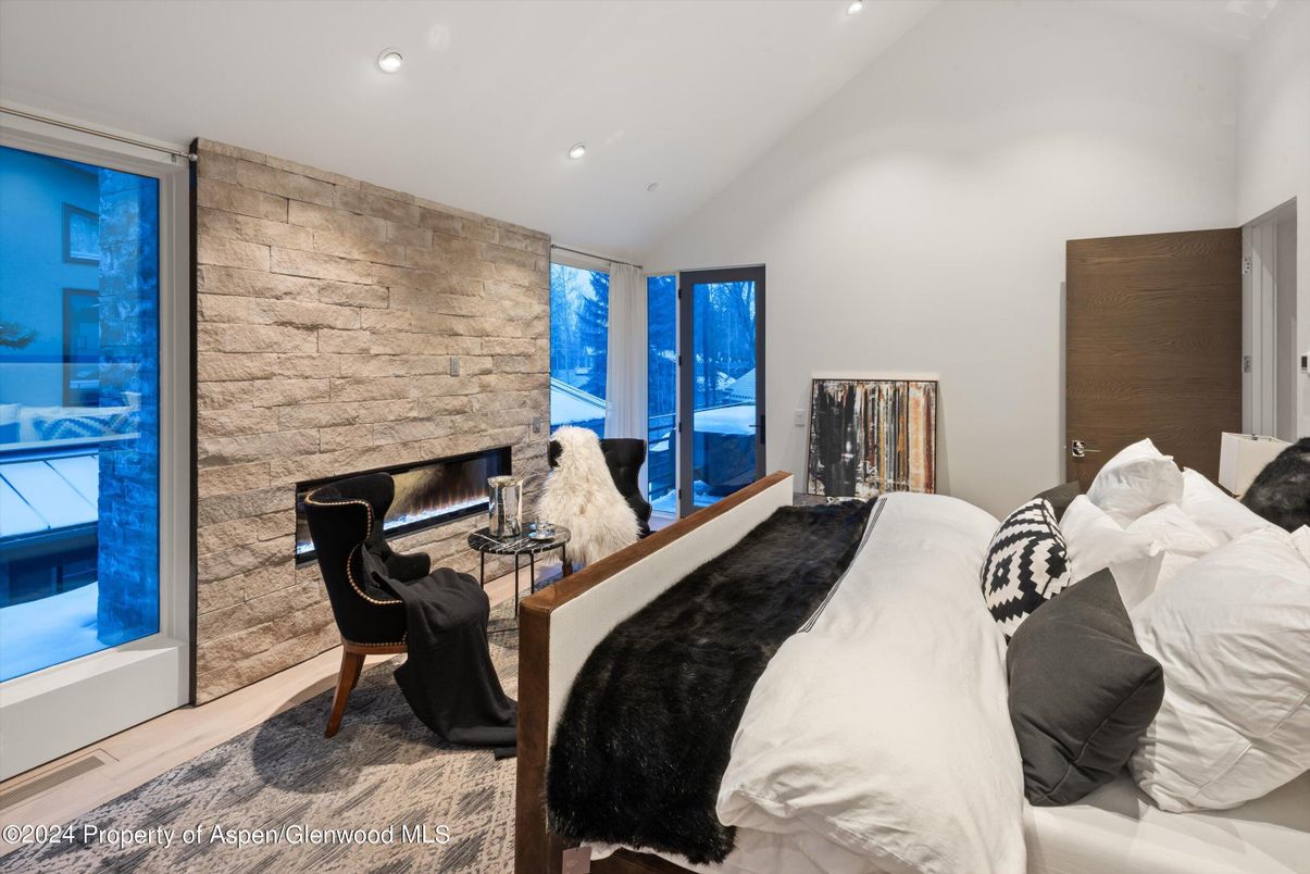 Bedroom, Fireplace, Interior, Recessed Lighting, Stone Walls