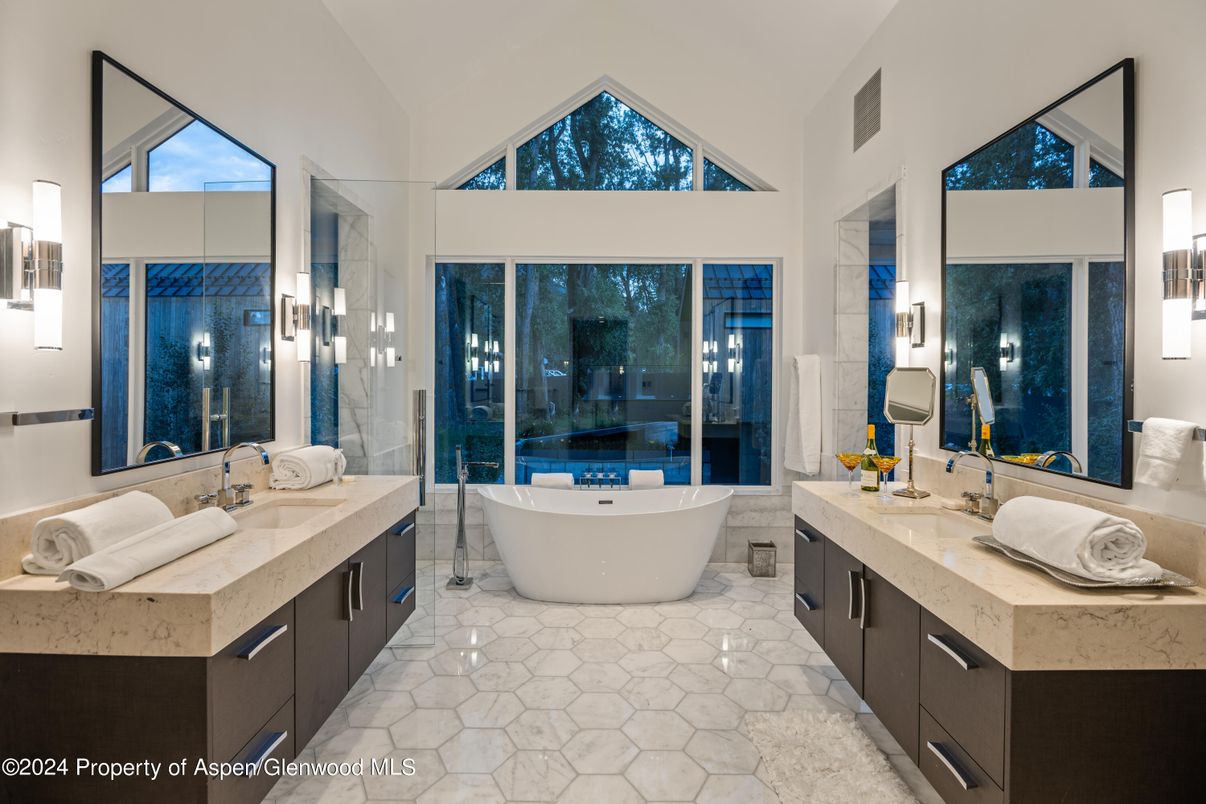 Bathroom, Dual Sink Vanities, Free Standing Baths, Glass Shower, Interior
