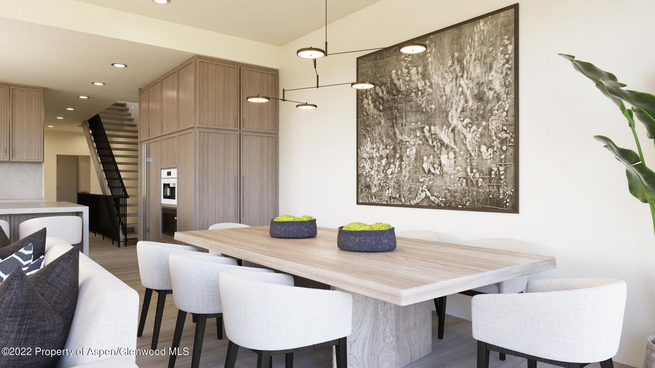 Dining room, Interior, Kitchen, Pendant Lights, Recessed Lighting, Wood Texture Flooring