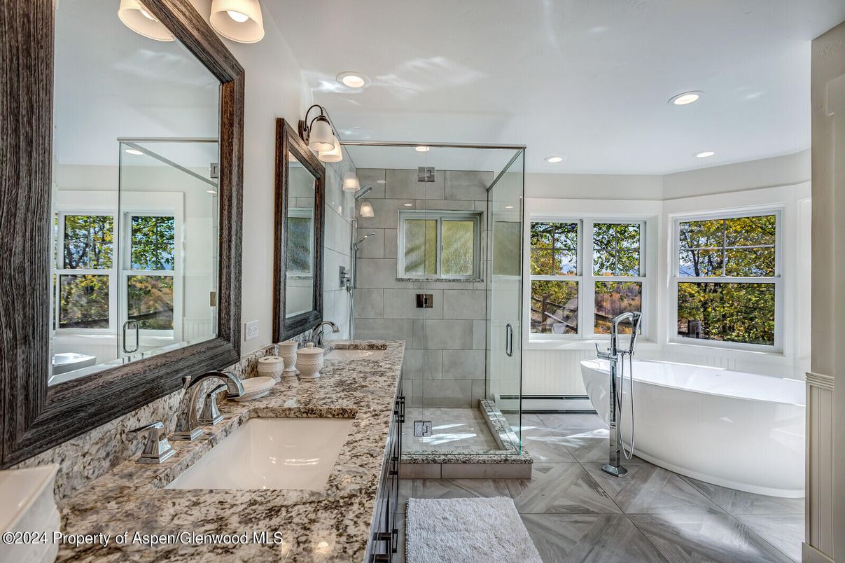 Bathroom, Dual Sink Vanities, Free Standing Baths, Glass Shower, Interior, Marble, Recessed Lighting