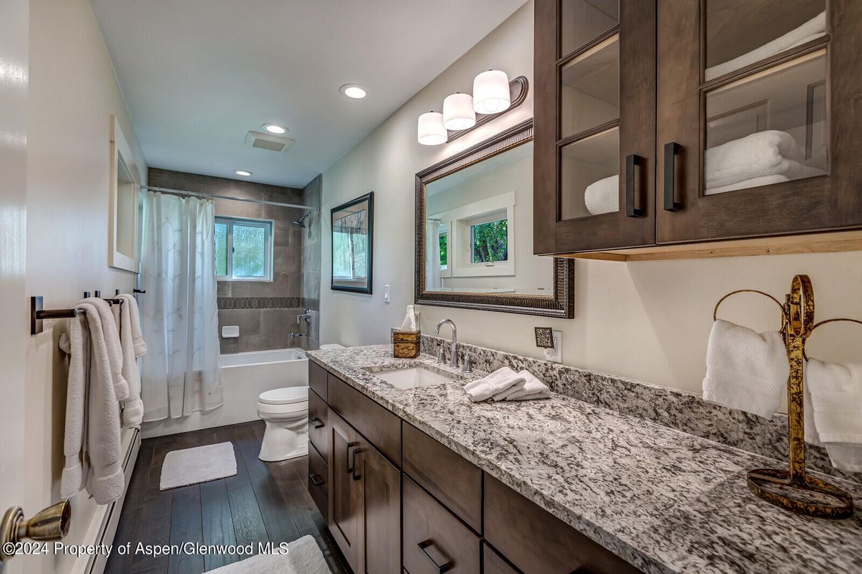 Bathroom, Glass Shower, Interior, Recessed Lighting, Wood Texture Flooring