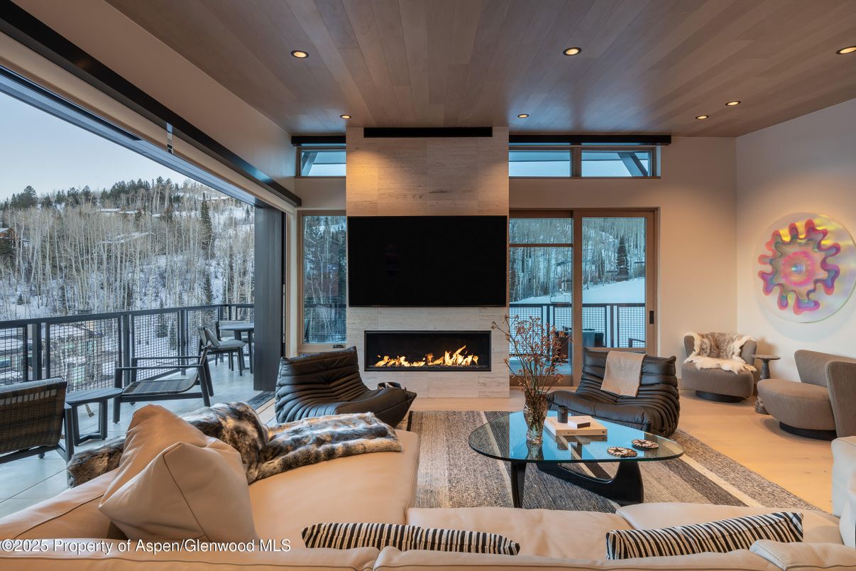 Fireplace, Interior, Living room, Recessed Lighting, Wooden Ceilings, Wood Texture Flooring