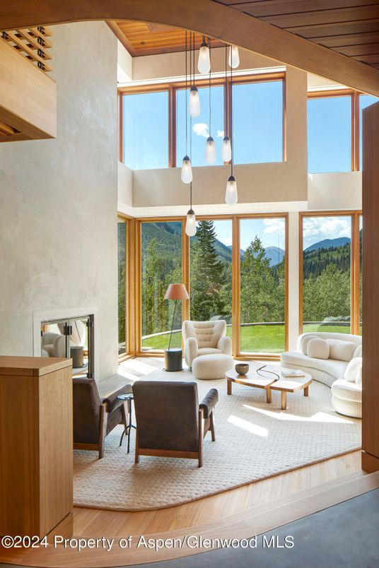 Fireplace, Interior, Living room, Pendant Lights, Wooden Ceilings, Wood Texture Flooring