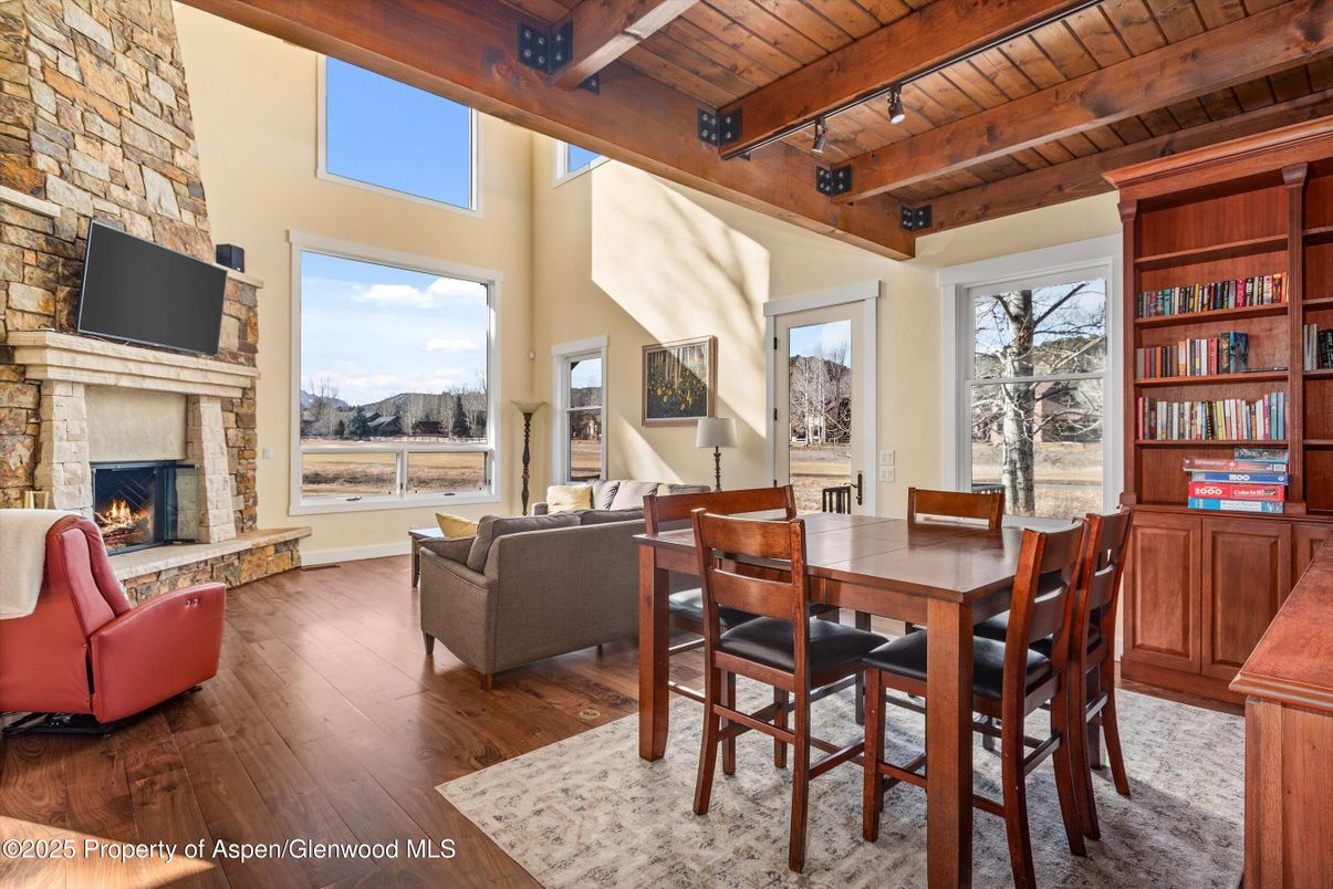 Dining room, Fireplace, Interior, Living room, Stone Walls, Wooden Beams, Wooden Ceilings, Wood Texture Flooring