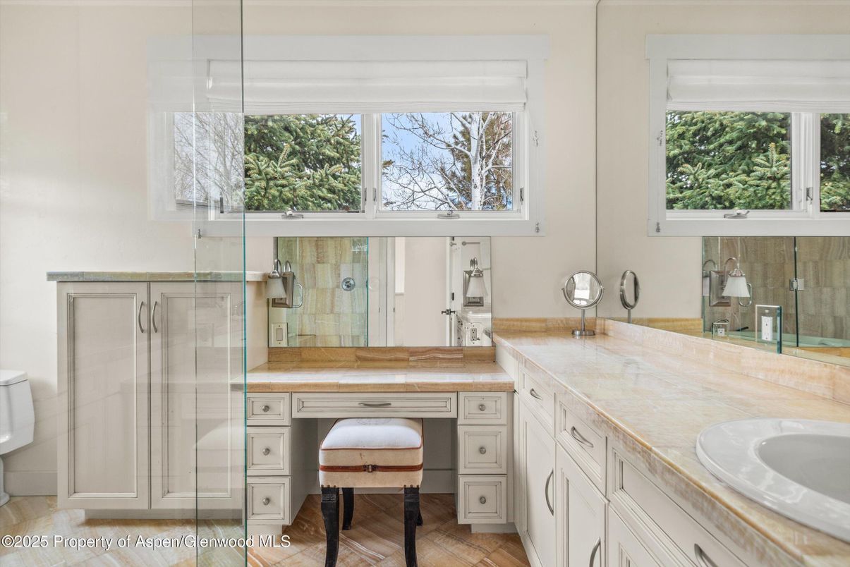 Bathroom, Dual Sink Vanities, Glass Shower, Interior, Wood Texture Flooring