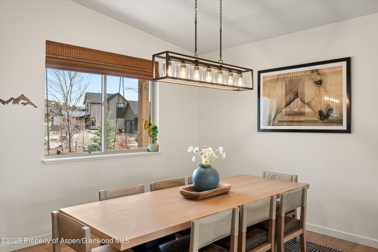 Dining room, Interior, Pendant Lights, Wood Texture Flooring