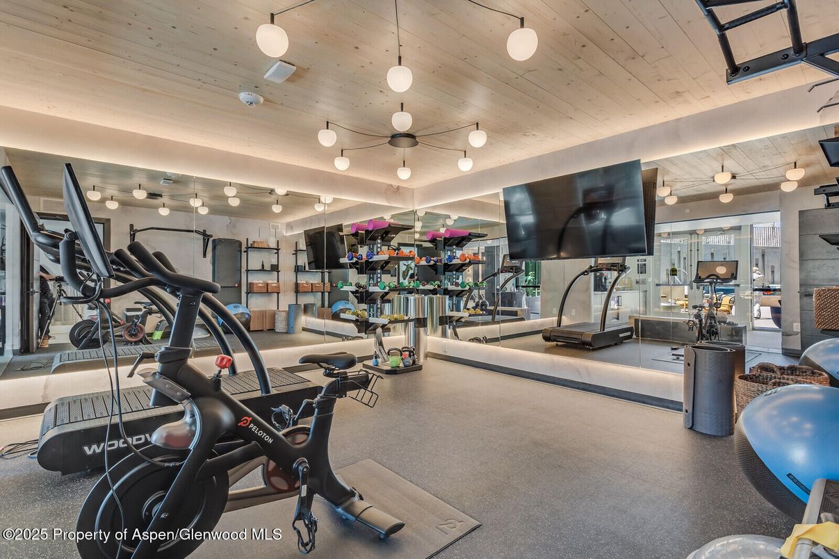Fitness Equipment, Gym, Interior, Pendant Lights, Wooden Ceilings