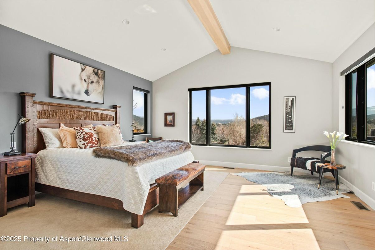 Bedroom, Interior, Recessed Lighting, Wooden Beams, Wood Texture Flooring