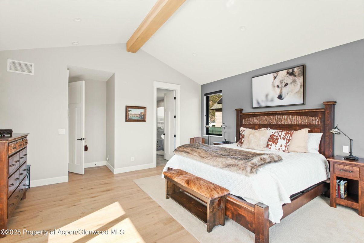 Bedroom, Interior, Recessed Lighting, Wooden Beams, Wood Texture Flooring