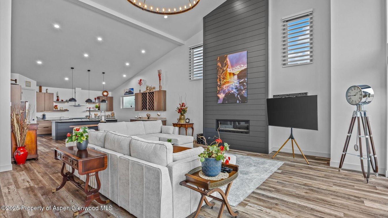 Fireplace, Interior, Kitchen, Living room, Pendant Lights, Recessed Lighting, Wood Texture Flooring