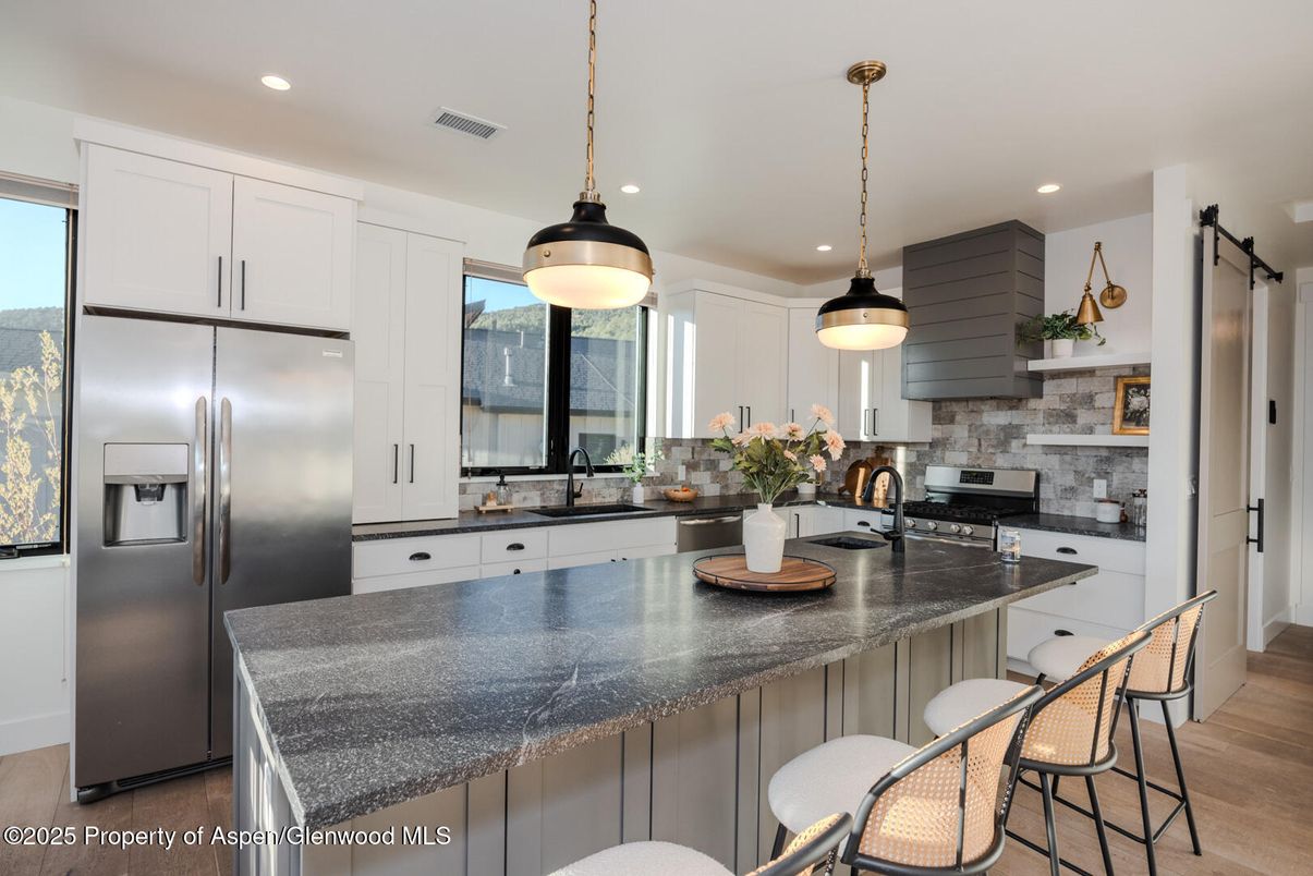 Interior, Kitchen, Pendant Lights, Recessed Lighting, Stainless Steel Appliances, Wood Texture Flooring