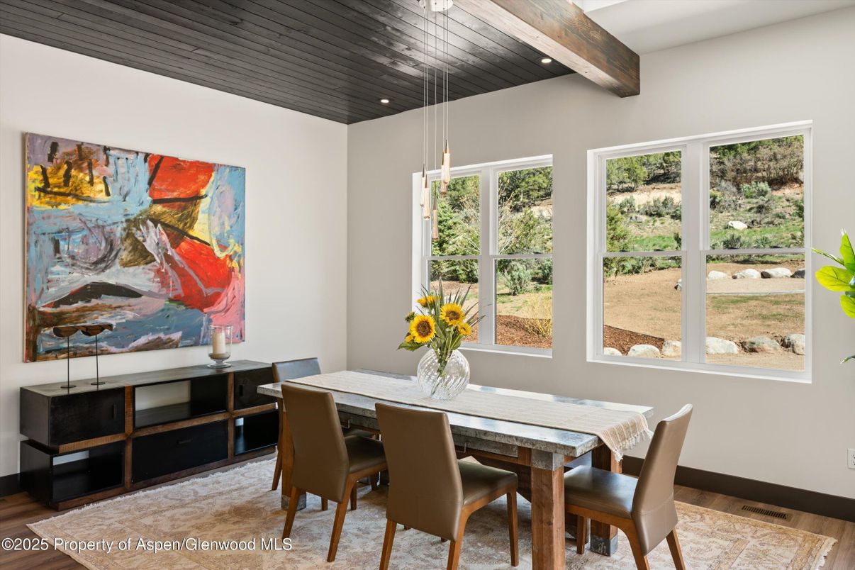 Dining room, Interior, Pendant Lights, Recessed Lighting, Wooden Beams, Wooden Ceilings, Wood Texture Flooring